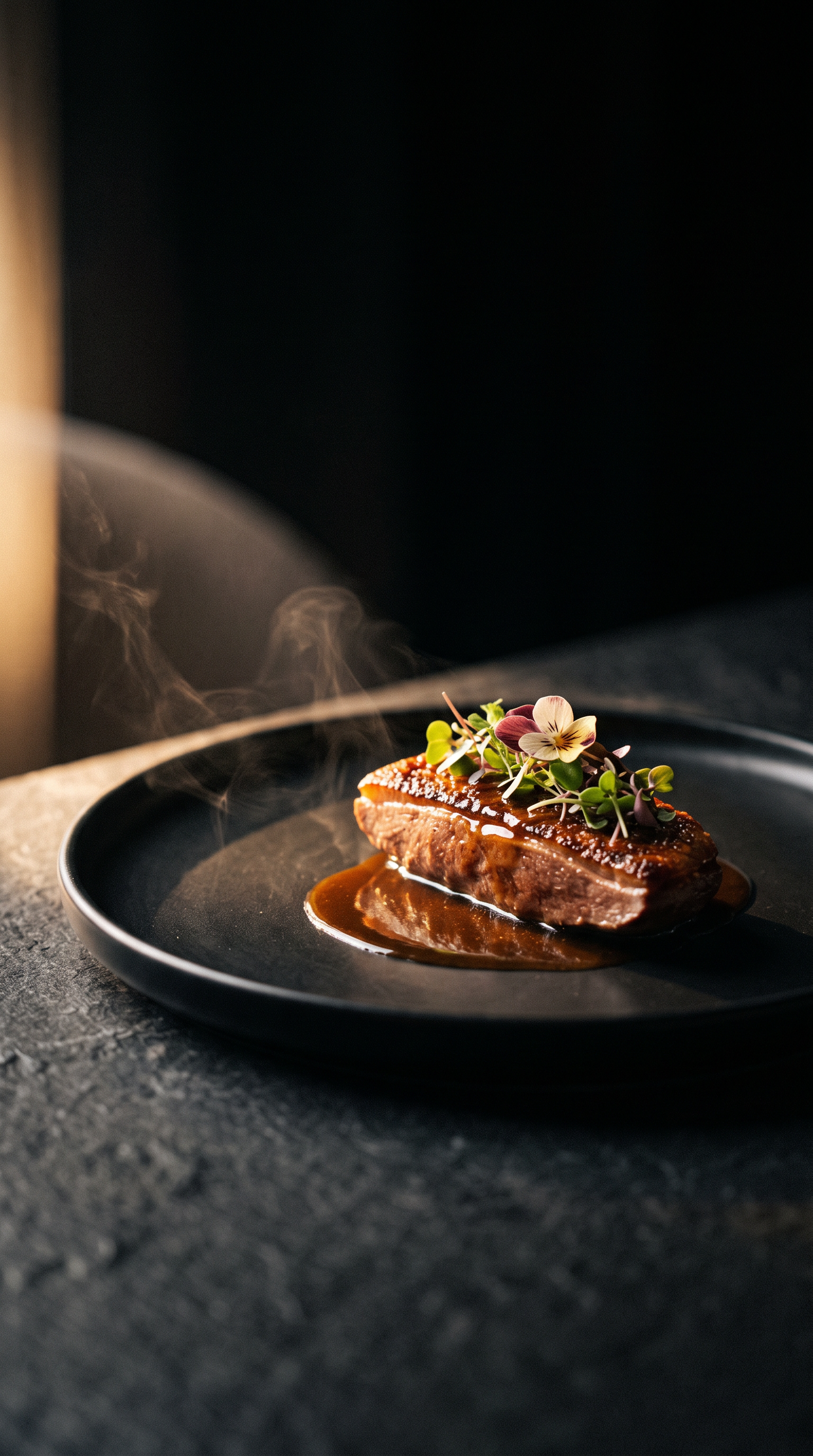 A single Michelin-level plated dish on a black table at NOIRÉ, softly lit with rising steam.