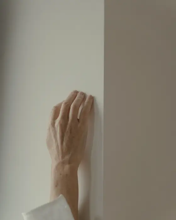 Symbolfoto: eine Hand liegt flach an einer hellen, glatt verputzten Wand.